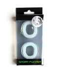 Two translucent white silicone sport rings in black and clear packaging labeled sport fucker glow in the dark