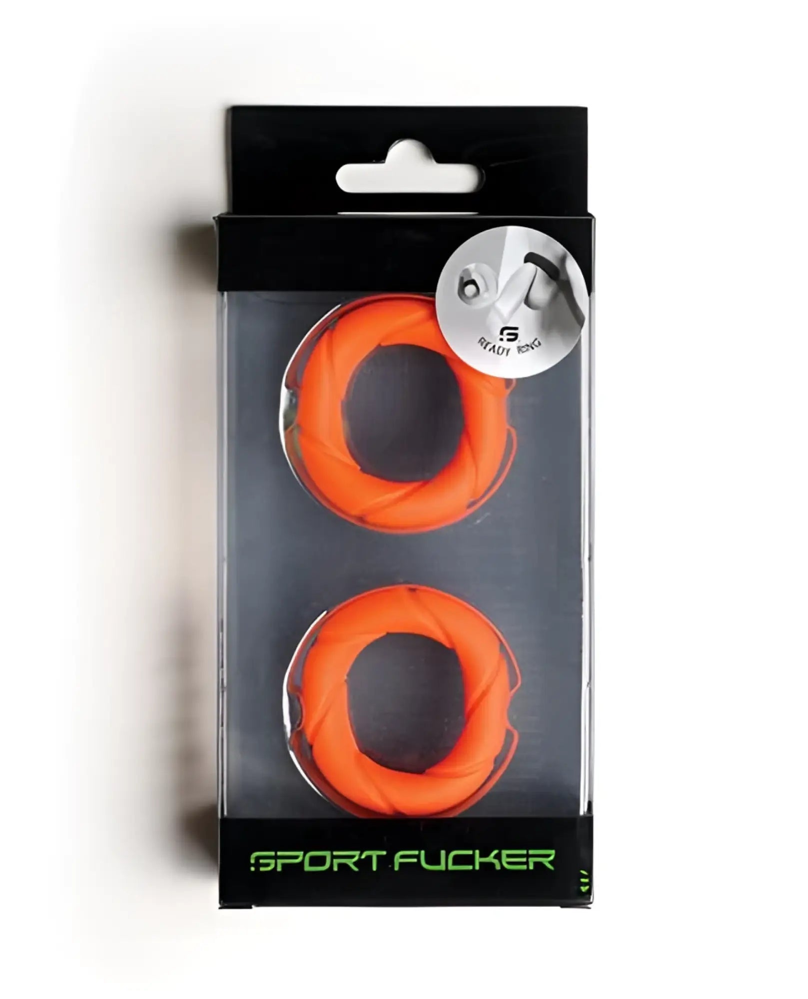 Bright orange silicone sport rings in black and clear plastic package for sport fucker ready rings product