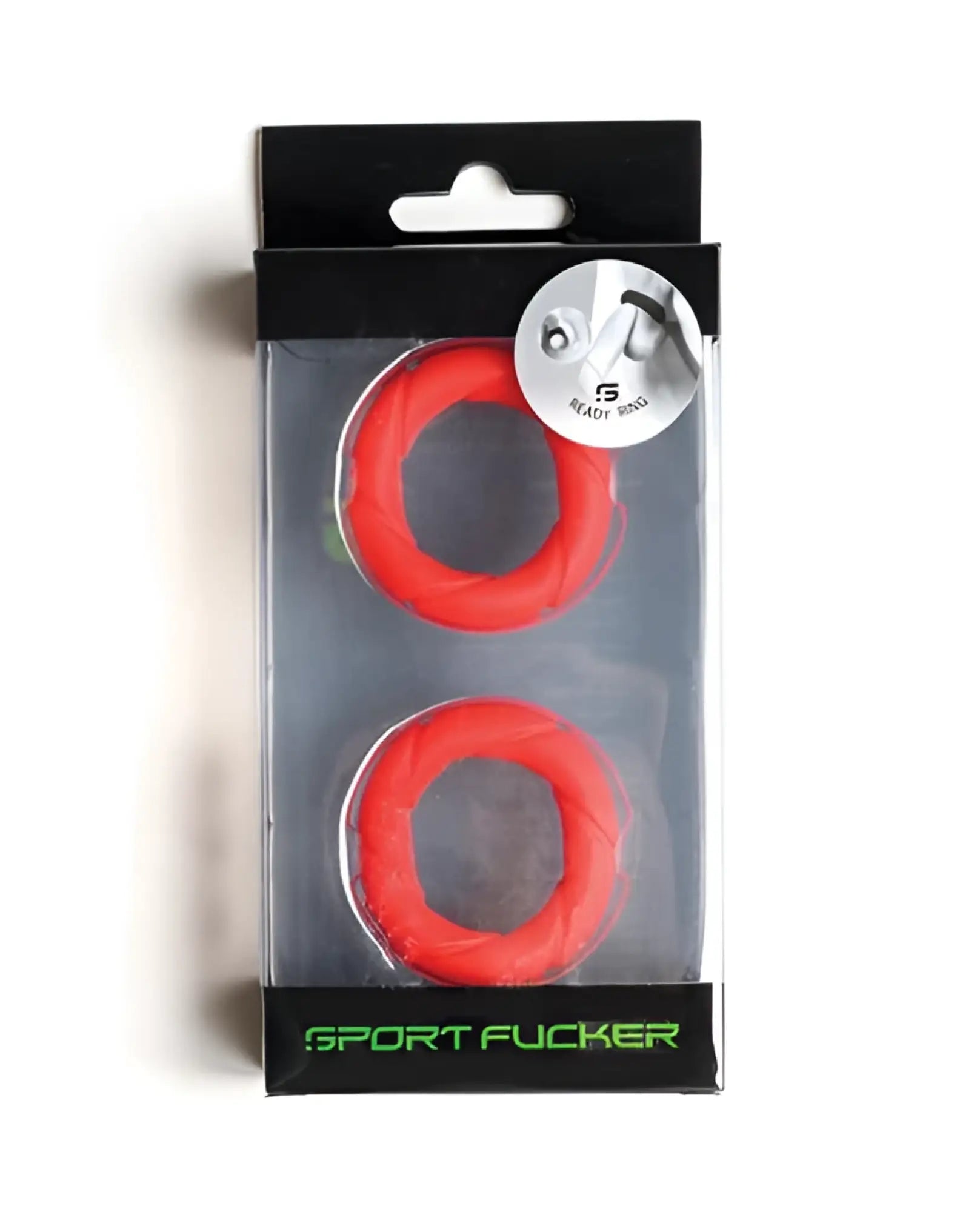 Red silicone sport rings in black and clear plastic package labeled sport fucker for sports use