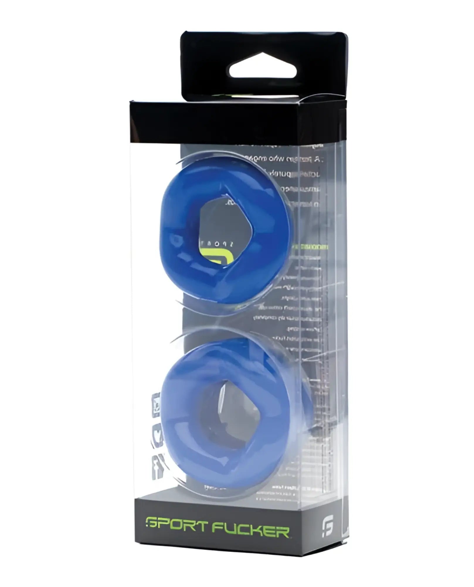 Blue plastic mouthguard in clear packaging with black and green sport fucker revolution combo set branding