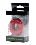 Red silicone sport flogger with yellow handle packaged in black and clear plastic for sport fucker revolution ring stretcher