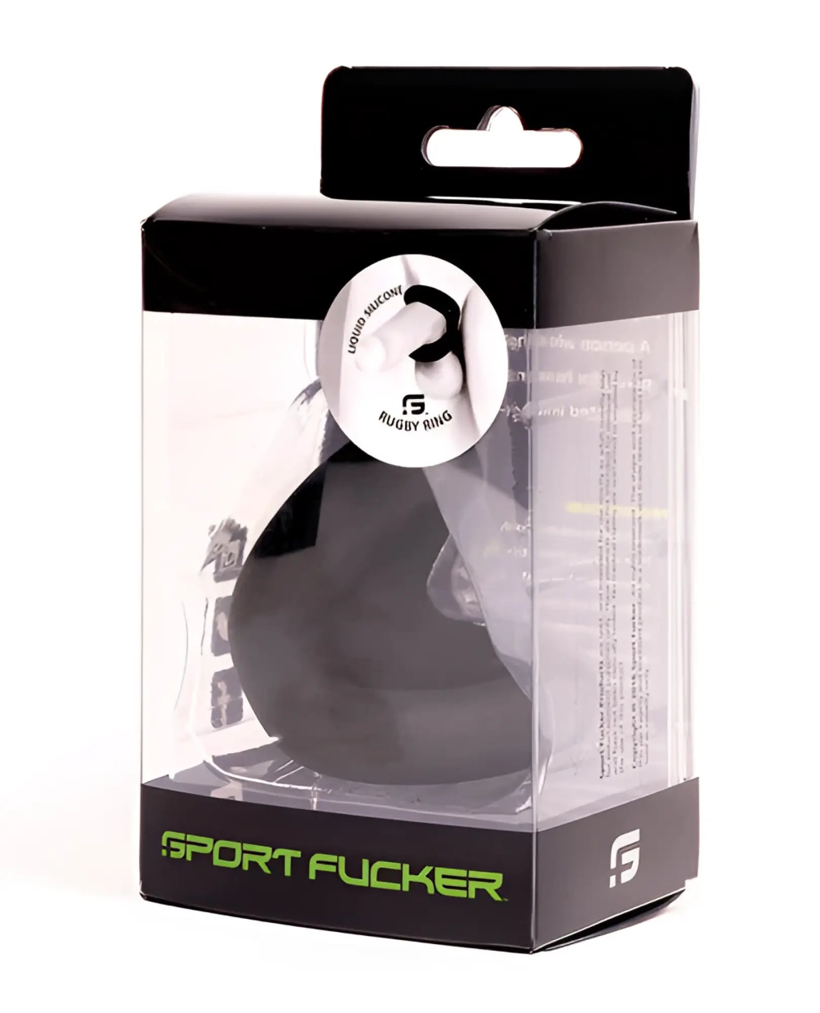 Black liquid silicone sport fucker rugby ring in clear packaging designed for athletic use and durability