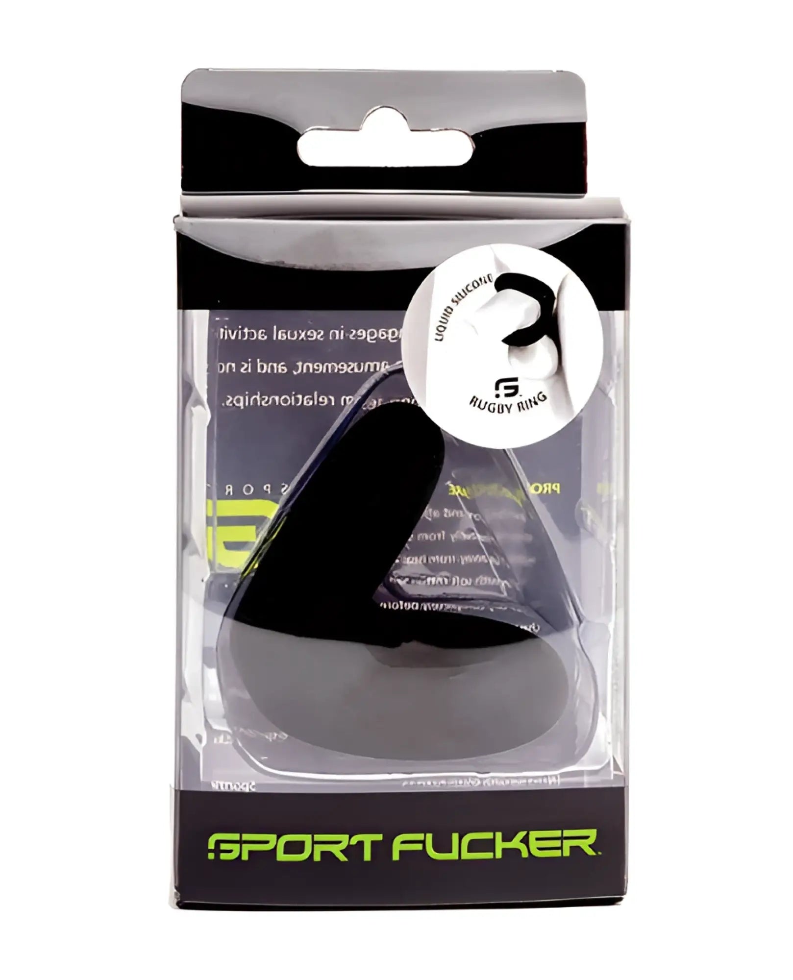 Black silicone sport fucker rugby ring in clear packaging with neon green branding for athletic use