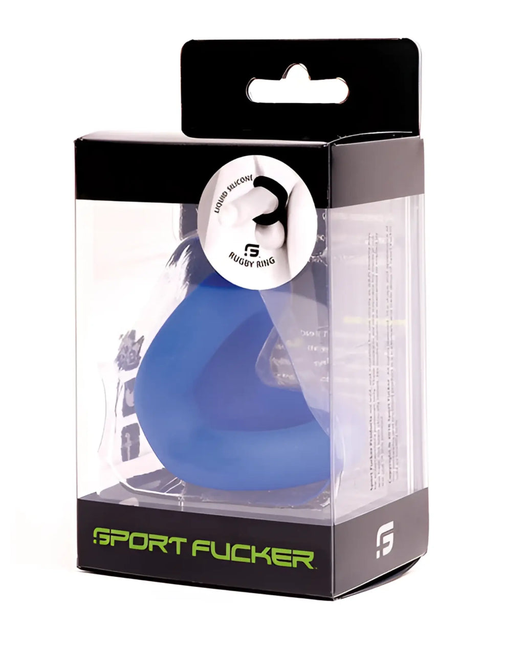 Blue liquid silicone sport fucker rugby ring in black and clear packaging box shown from the front