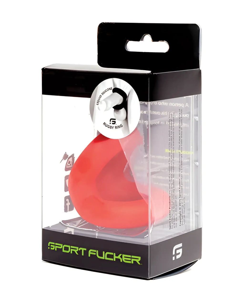 Red silicone rugby ring for sport use in clear and black packaging from Sport Fucker