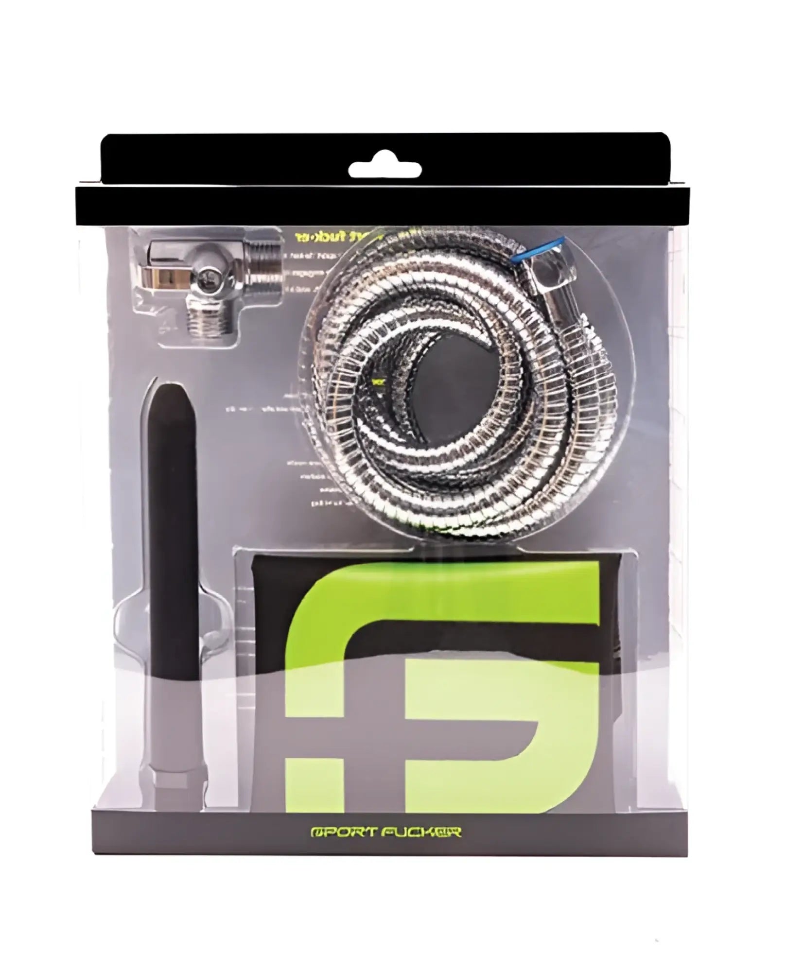 Sport fucker shower kit 6 inch black with silver coiled metal hose black handle and chrome fittings in neon green packaging
