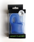 Blue silicone sport ring in black and clear packaging with green branding from sport fucker baller ring collection