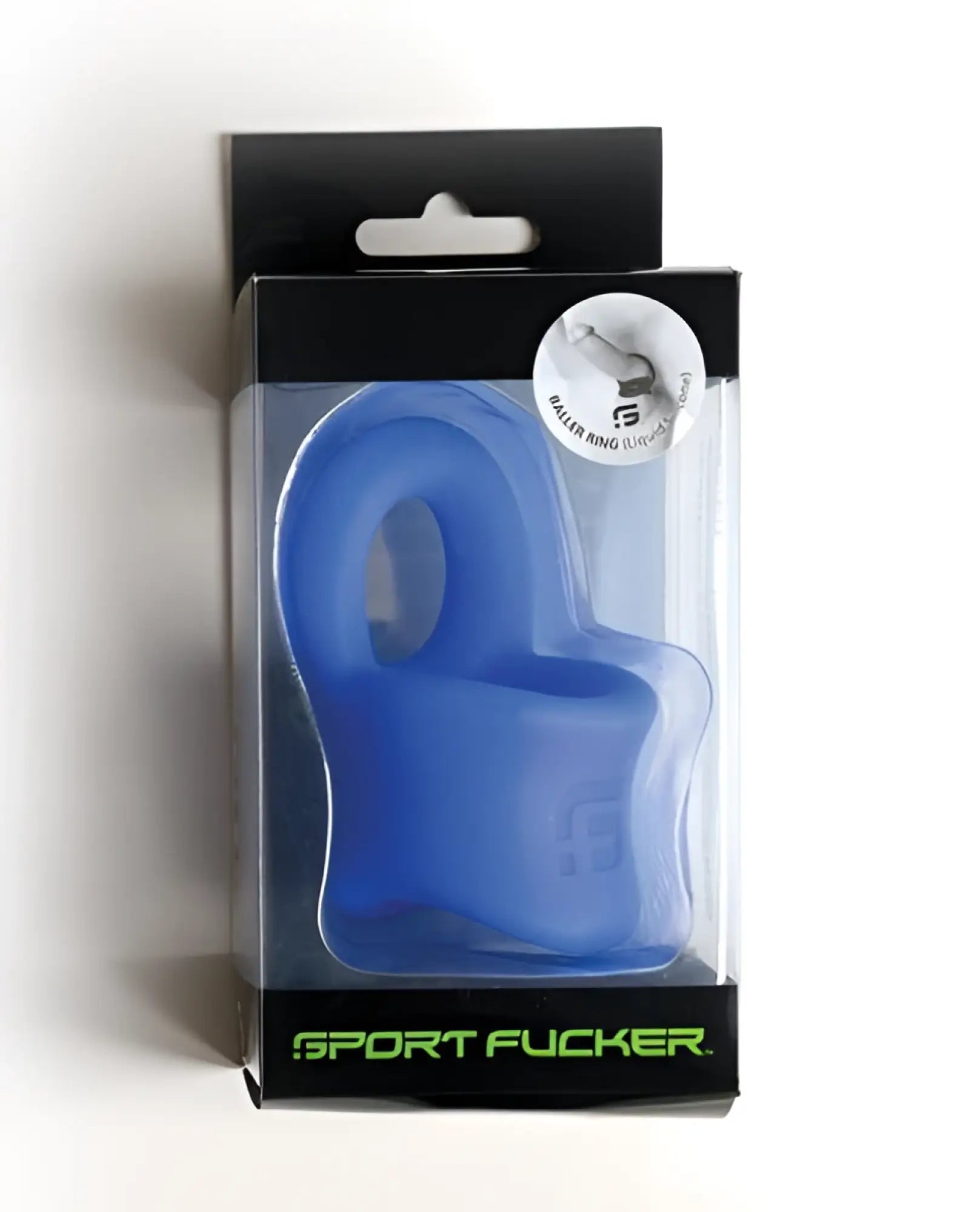 Blue silicone sport ring in black and clear packaging with green branding from sport fucker baller ring collection