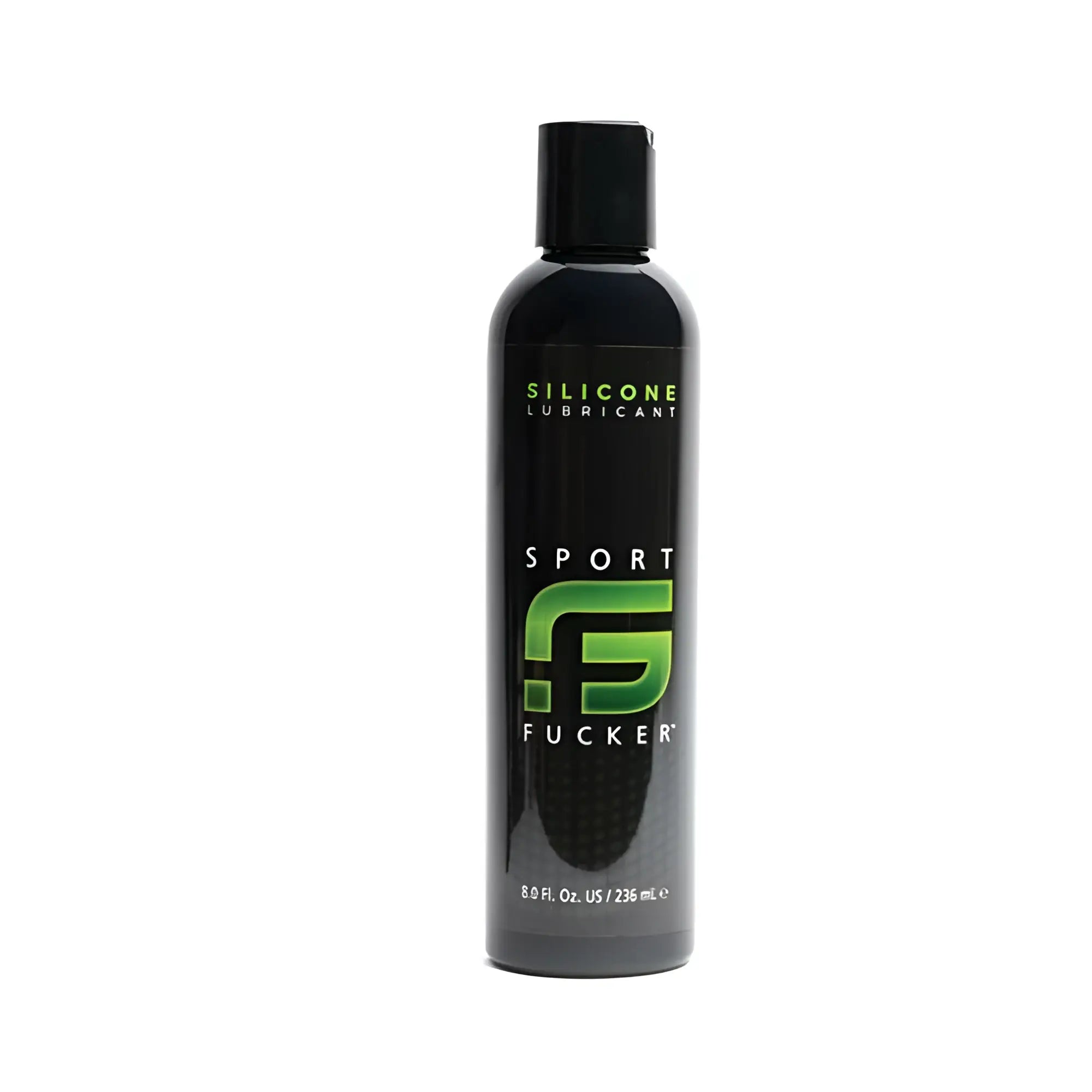 Black bottle of sport fucker silicone lubricant with green logo and black cap in 8 oz size