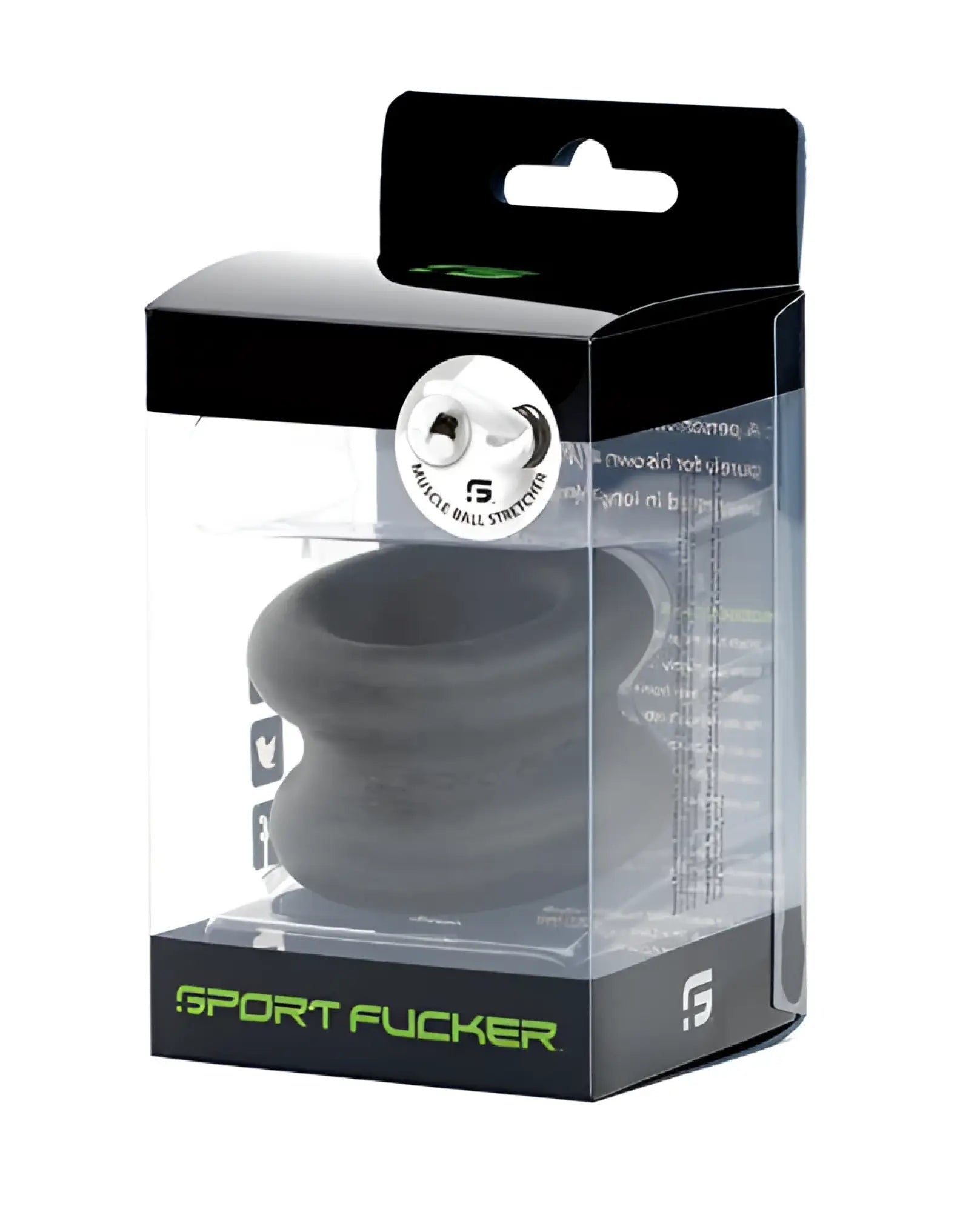 Black silicone anal ball stretcher in clear plastic and black cardboard package labeled sport fucker for muscle training