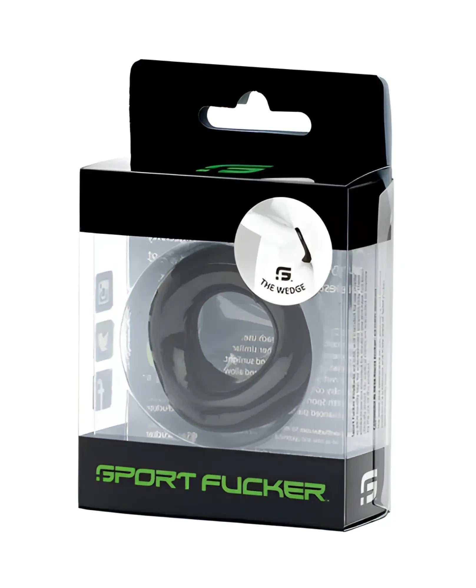 Black silicone sport fucker ring in clear packaging with green branding and the wedge circular sticker visible