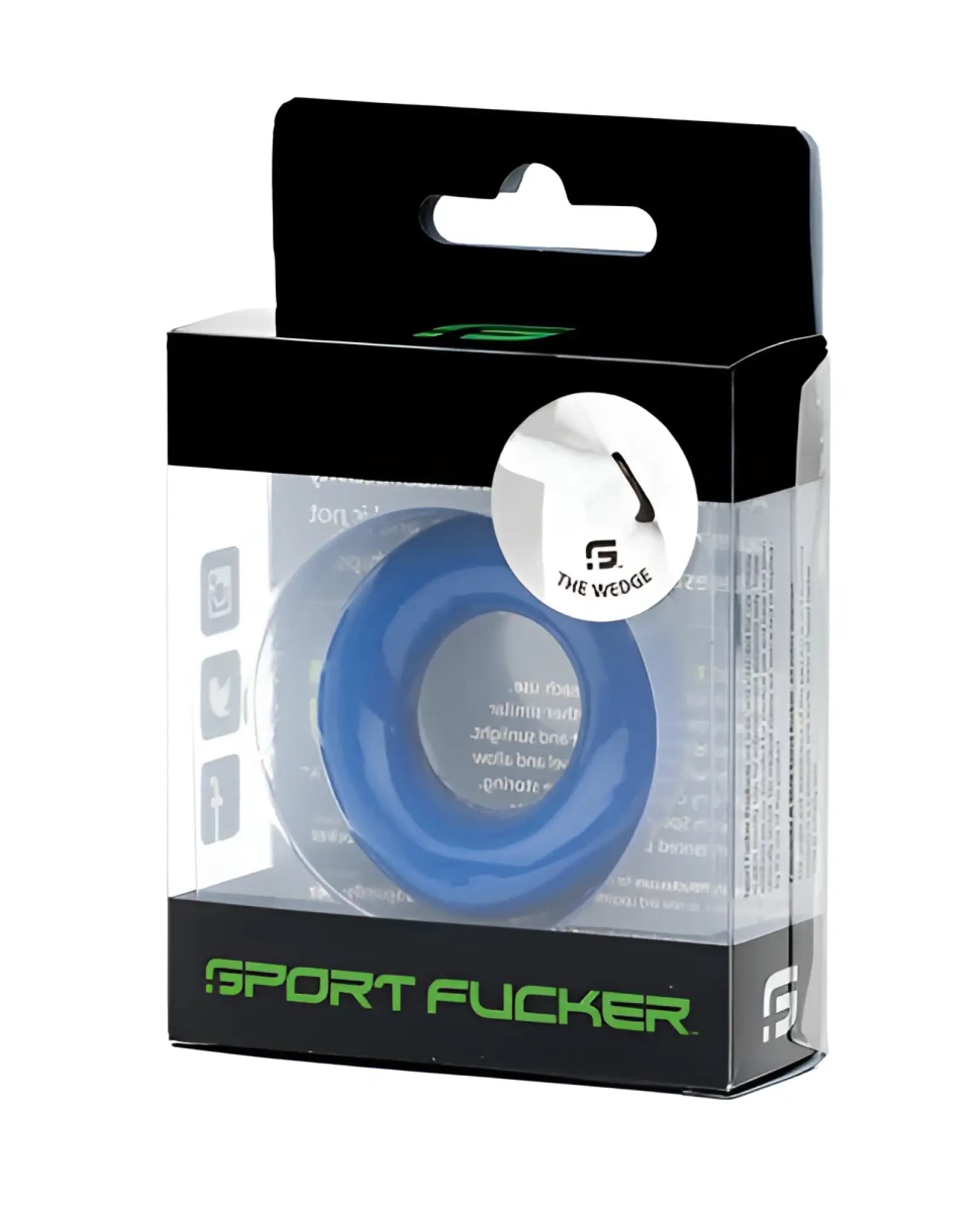 Blue sport fucker silicone the wedge ring in clear plastic packaging with black backing and green branding