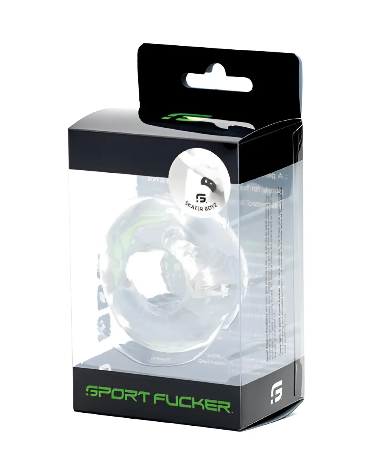 Clear transparent silicone ring with smooth glossy finish and subtle green Sport Fucker Skater Boyz branding on packaging