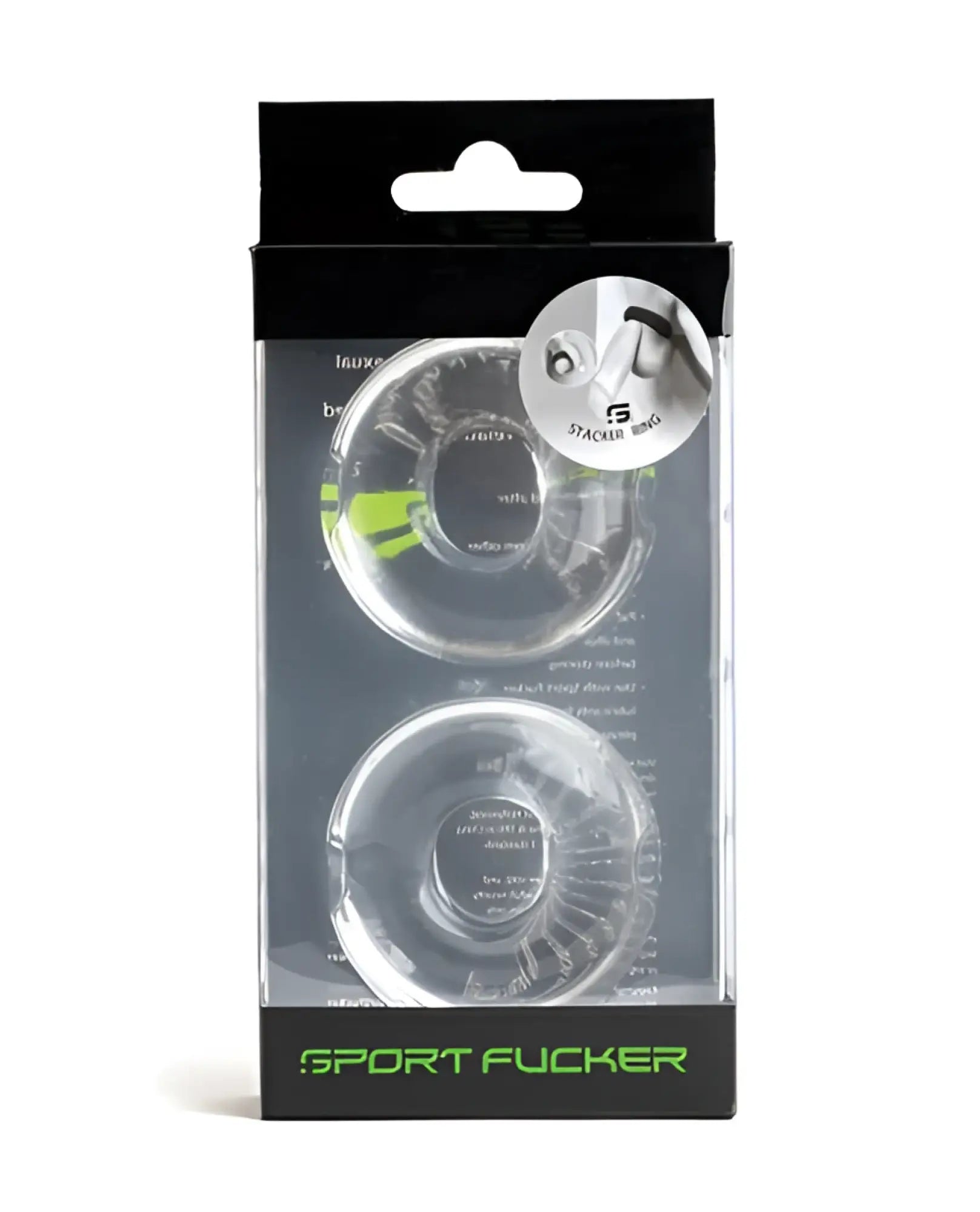 Clear plastic sport stacker ring with neon green accent and black branding for active wear use