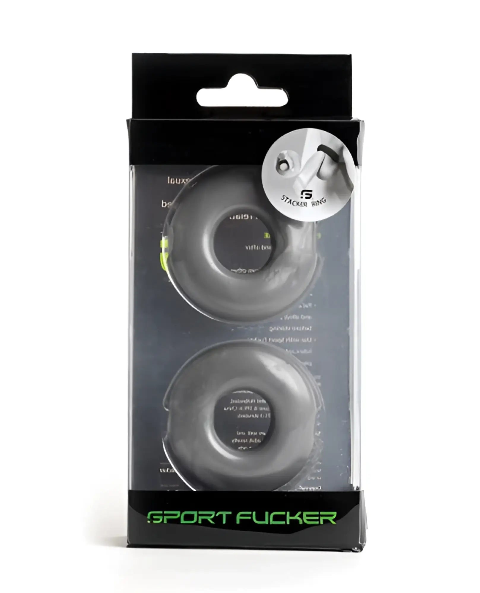 Gray silicone sport cock rings in black clear plastic package with green branding for sport fucker stacker rings metal