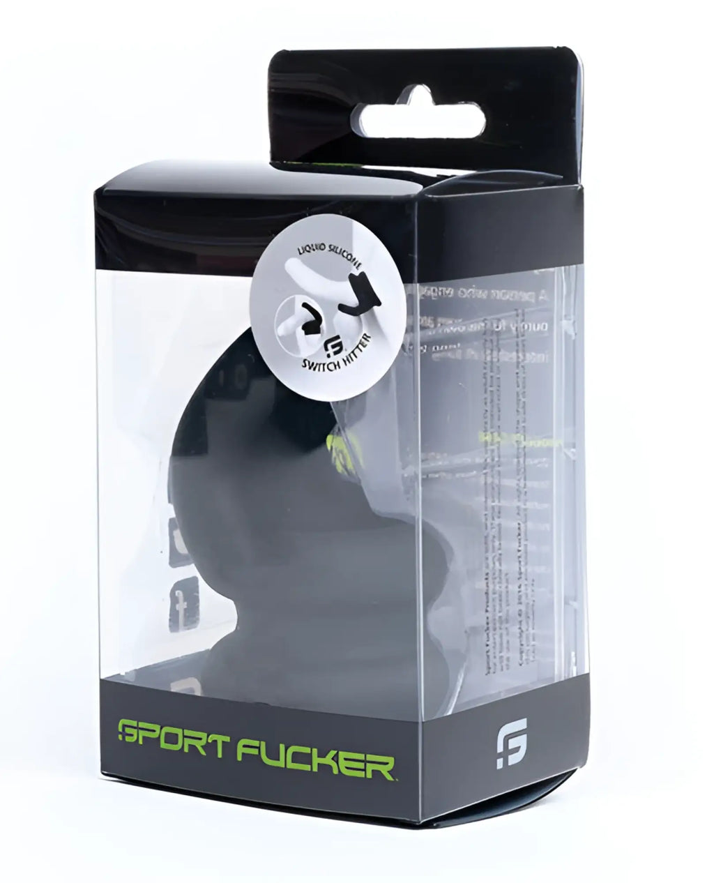 Sport fucker switch hitter black liquid silicone sex toy in clear and black packaging with neon green branding