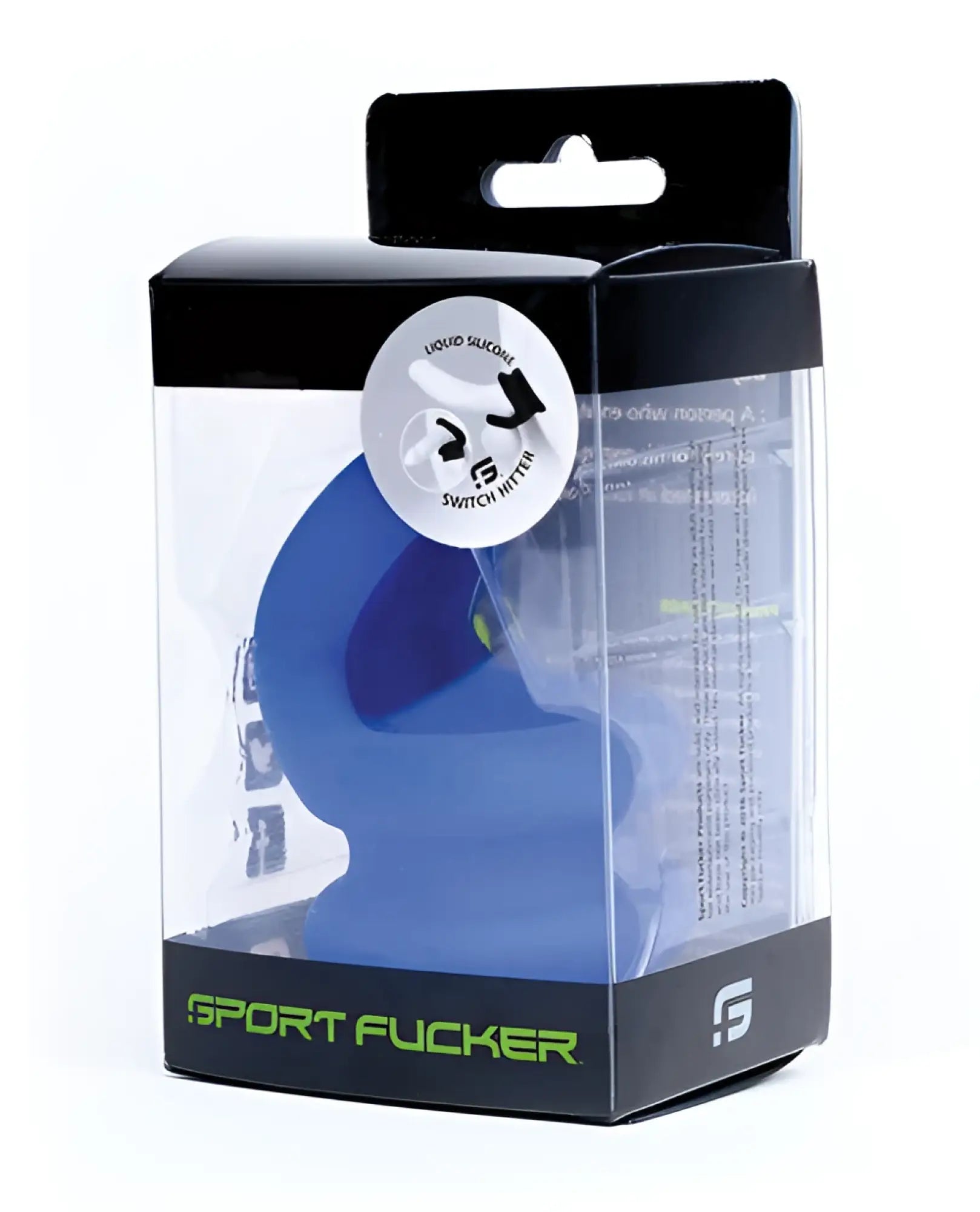 Blue liquid silicone sport fucker switch hitter in black and clear plastic package for versatile use