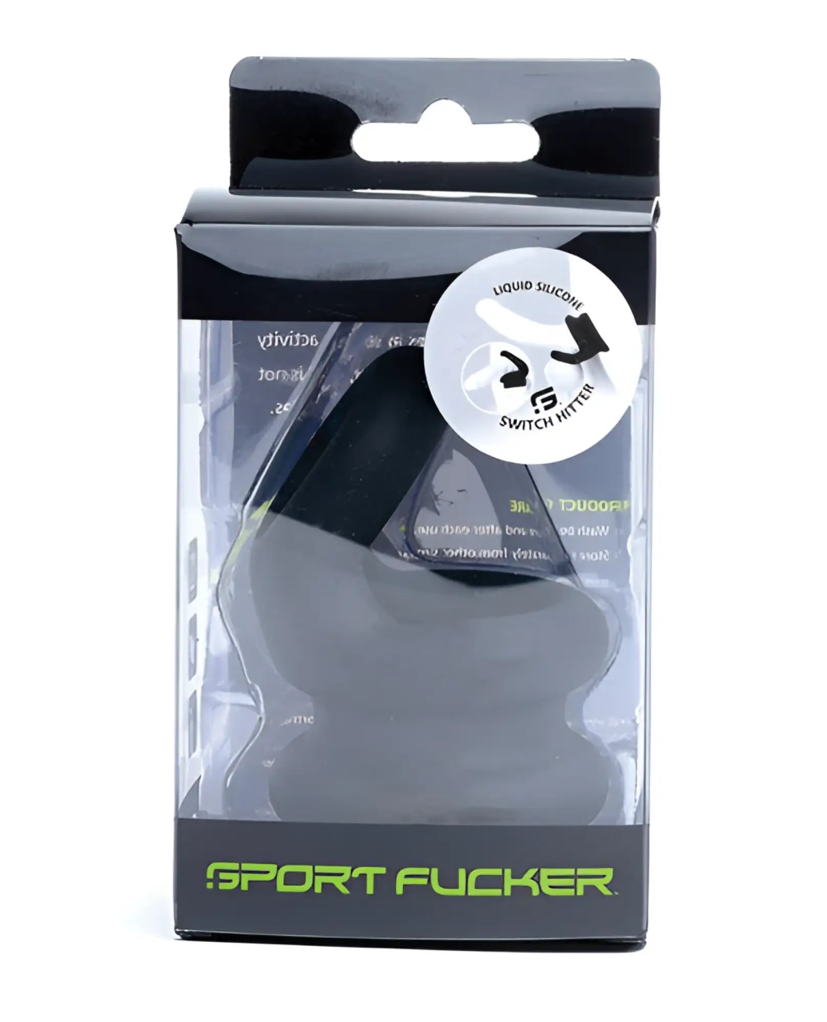 Black liquid silicone sport fucker switch hitter in clear packaging with green branding shown from front view