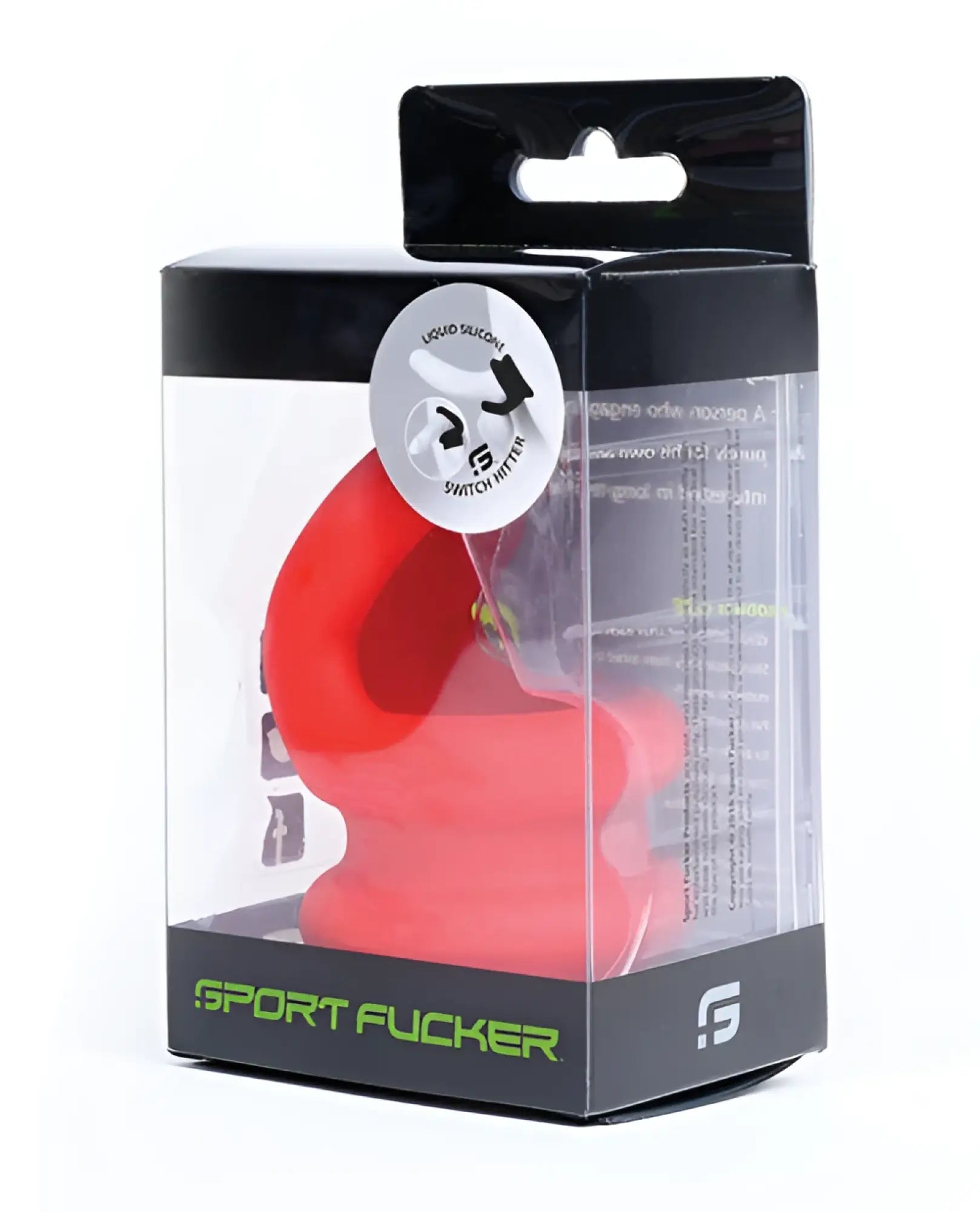 Red liquid silicone sport flogger in black and clear packaging from sport fucker switch hitter collection
