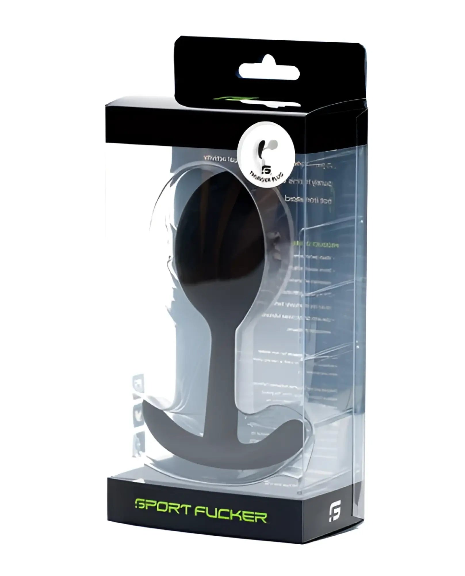 Black silicone anal plug in clear packaging with neon green sport fucker branding medium size thunder plug
