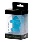 Blue translucent silicone sports mouthguard in clear packaging with black and green accents from sport fucker tpe fucker