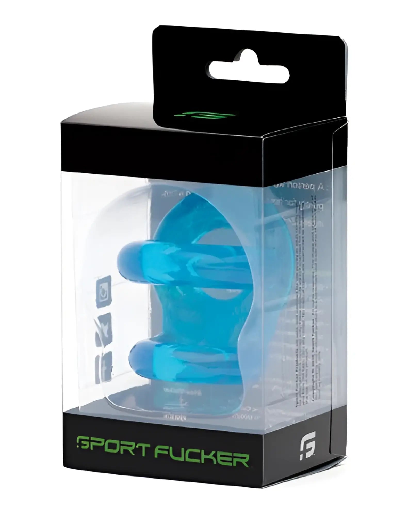 Blue translucent silicone sports mouthguard in clear packaging with black and green accents from sport fucker tpe fucker ring ice blue