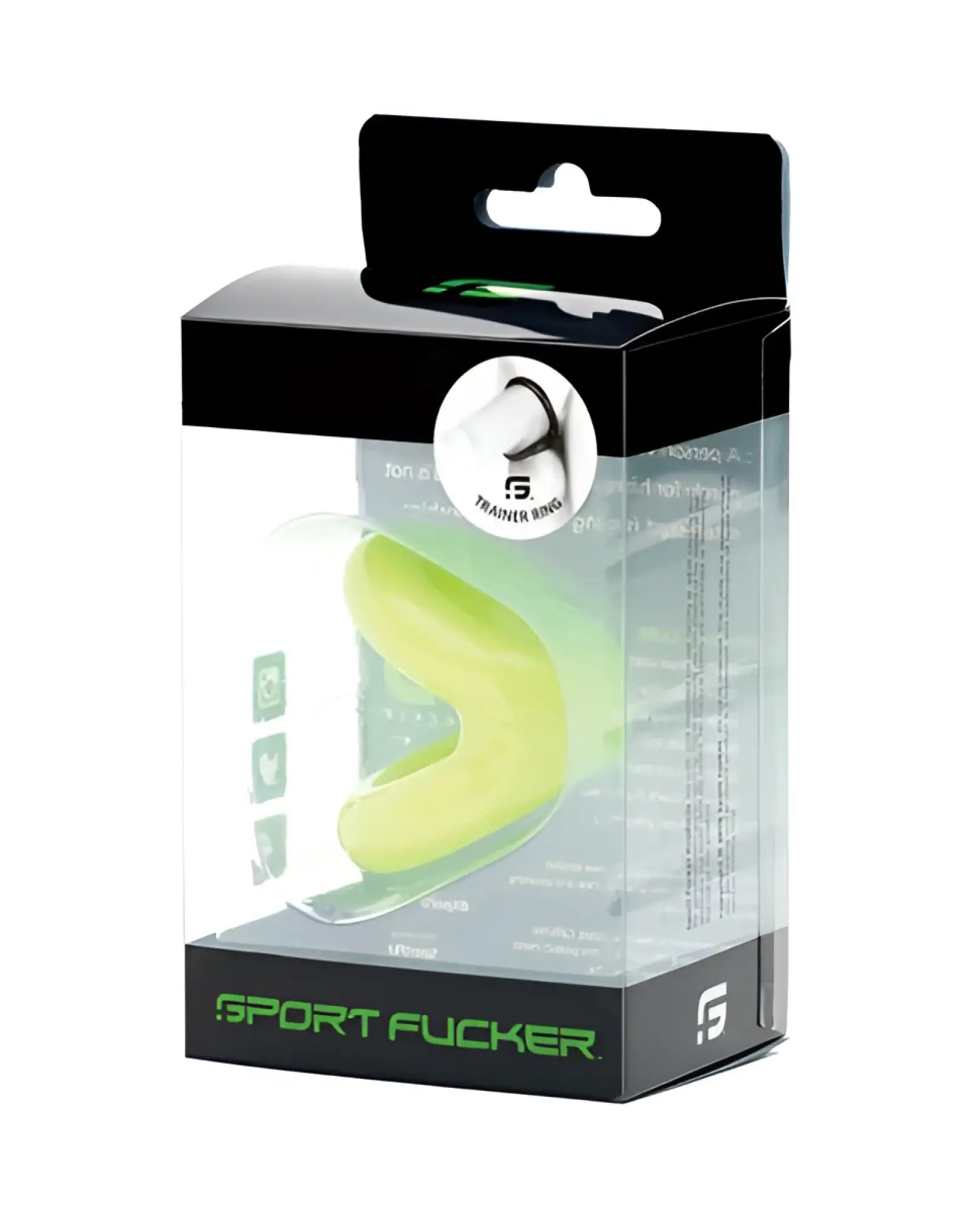 Bright lime green silicone mouth guard in black and transparent sport fucker packaging for training use