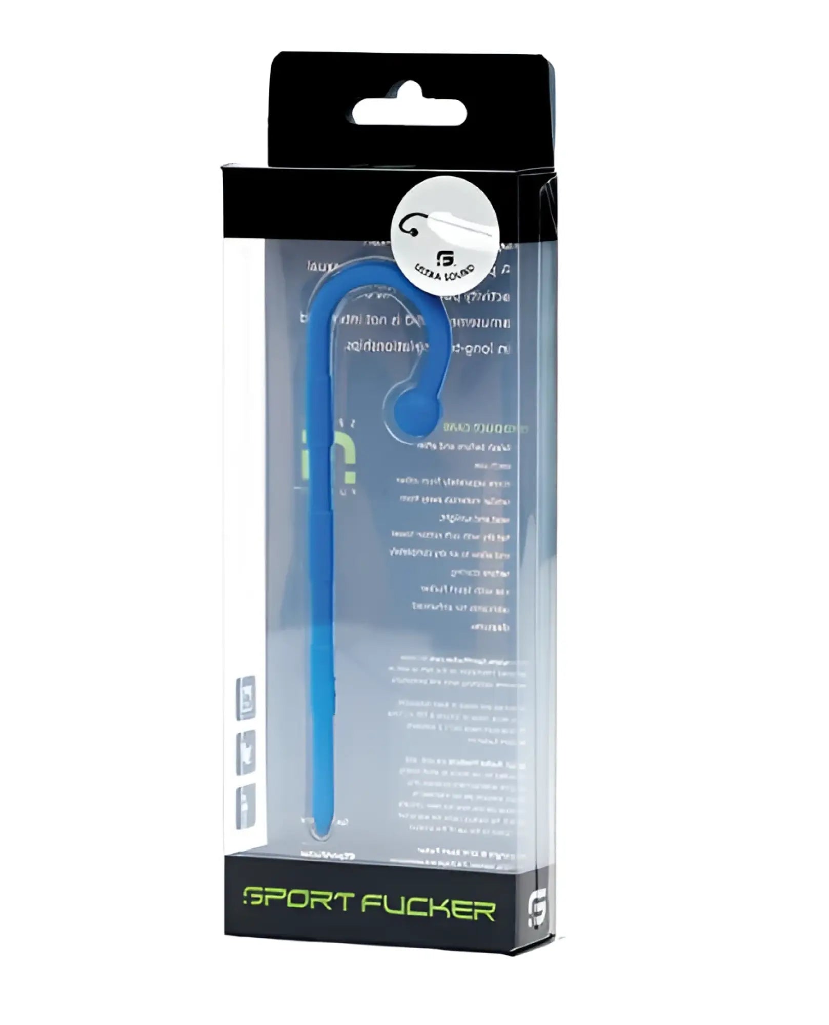 Sport Fucker Ultra Sound blue silicone earbud with curved stem and green accents in clear retail packaging