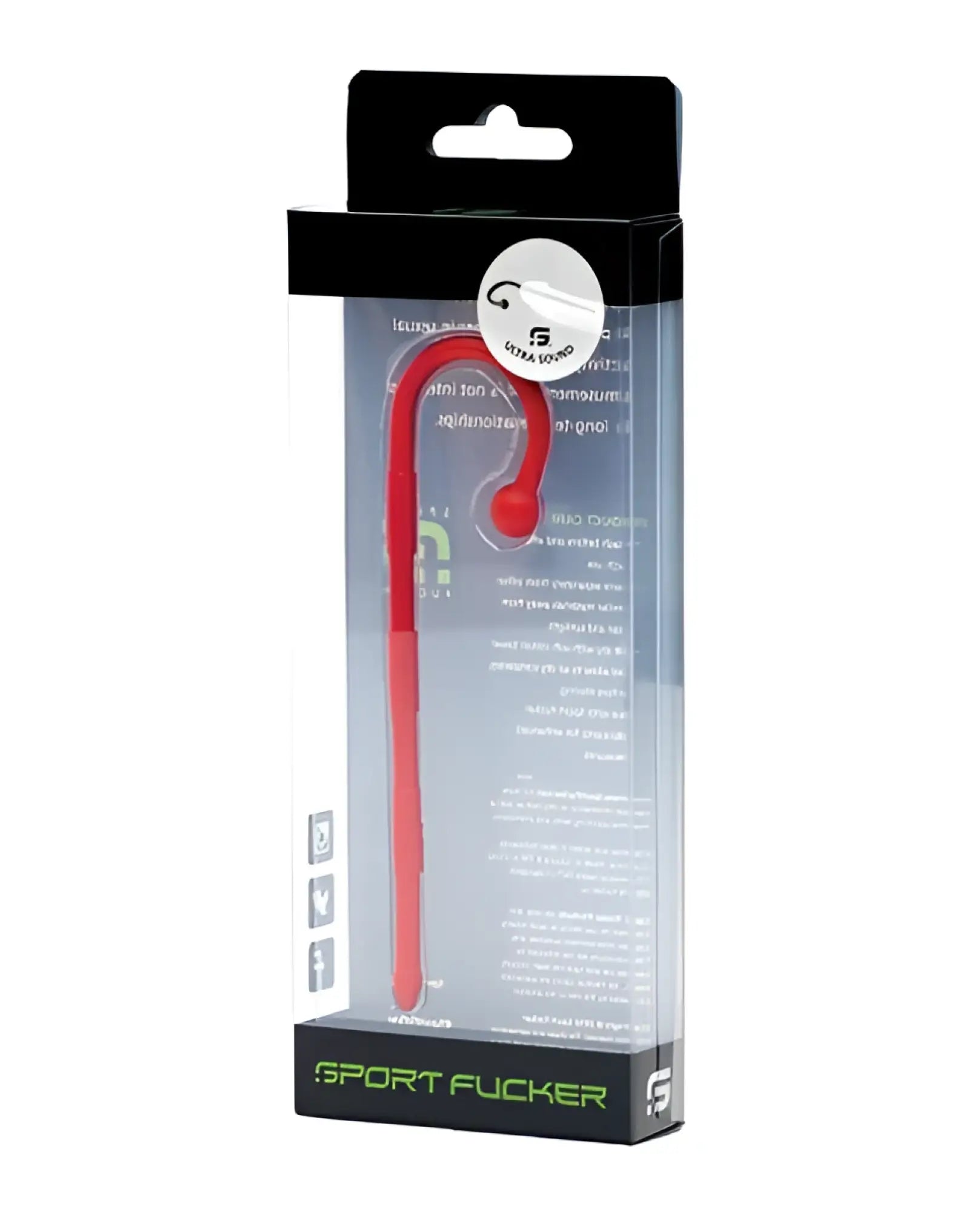 Sport fucker ultra sound red silicone earbud with curved stem and rounded tip packaged in clear plastic retail box