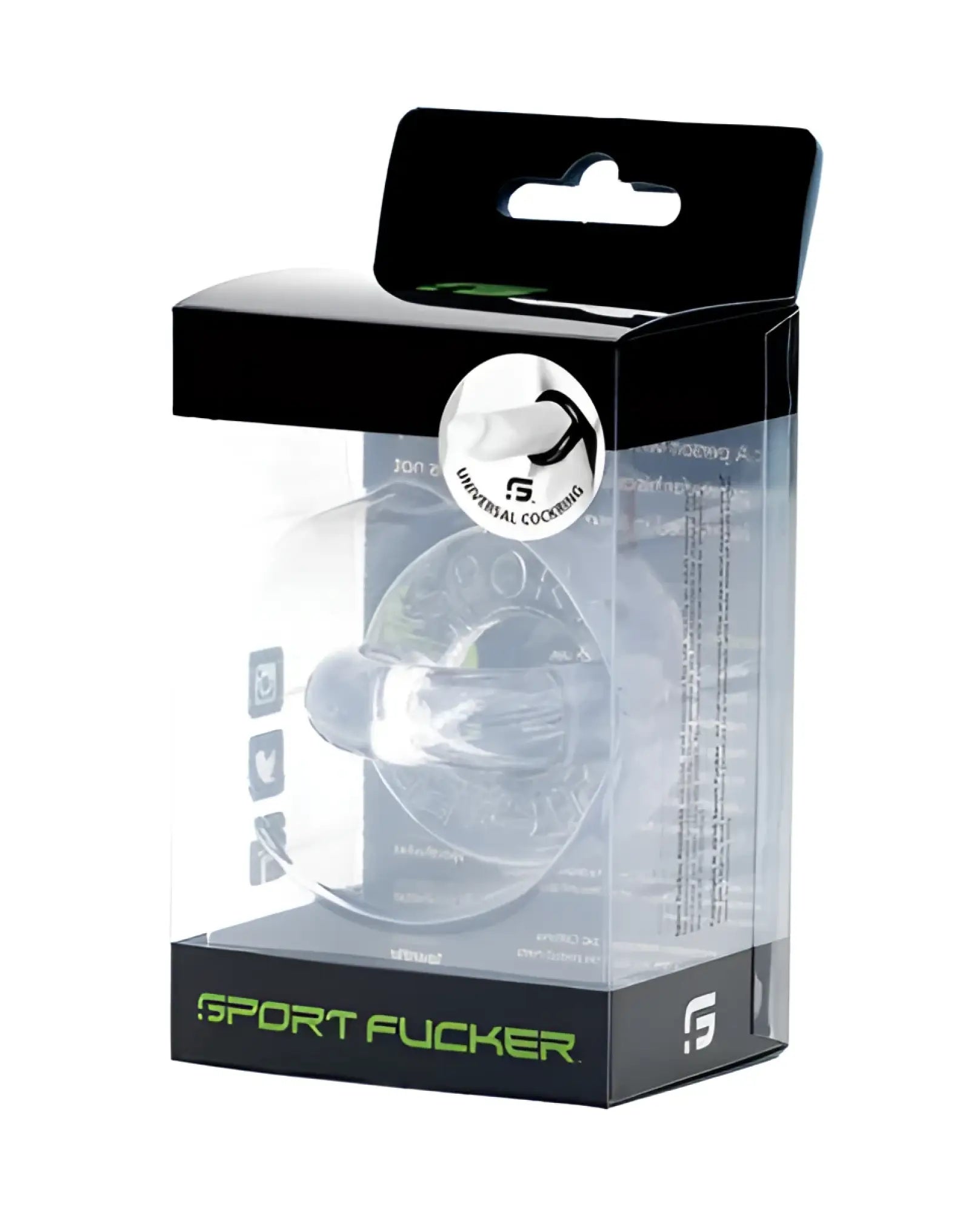 Clear plastic sports mouthguard in black and green packaging for sport fucker universal cockring use