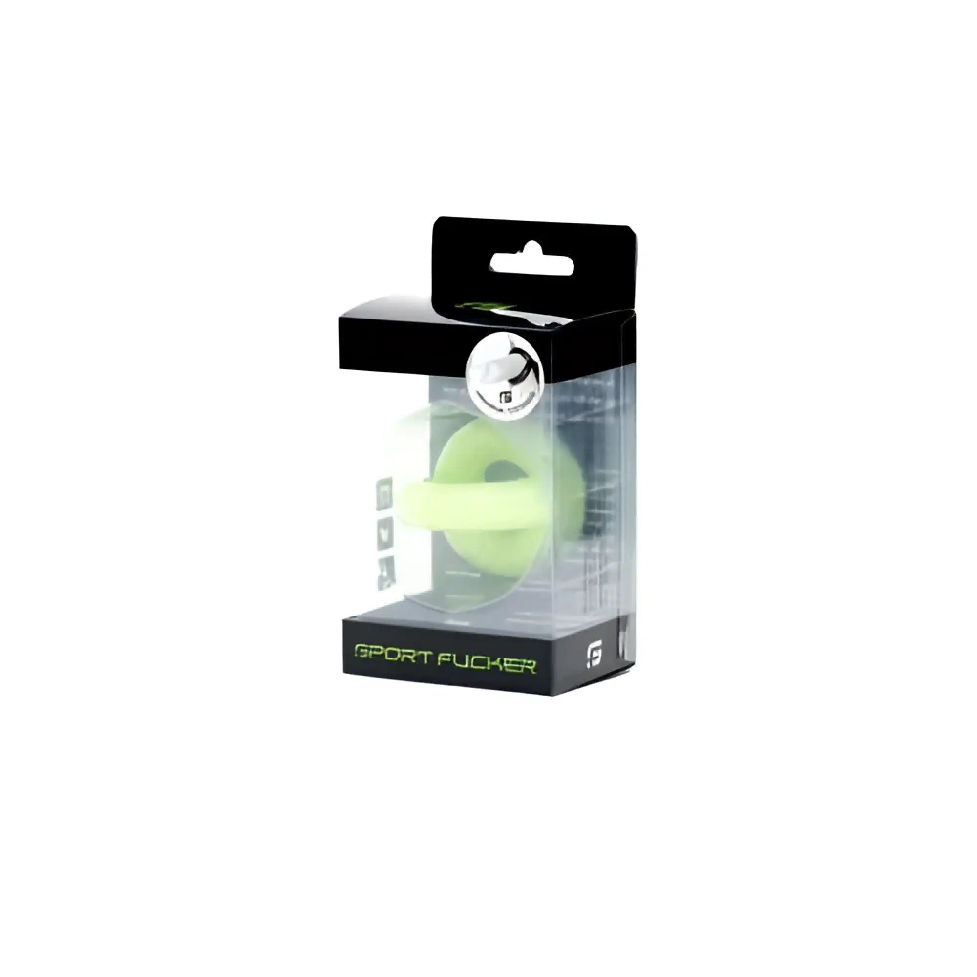 Lime green silicone sport fucker universal cockring glow with black packaging shown from the front side