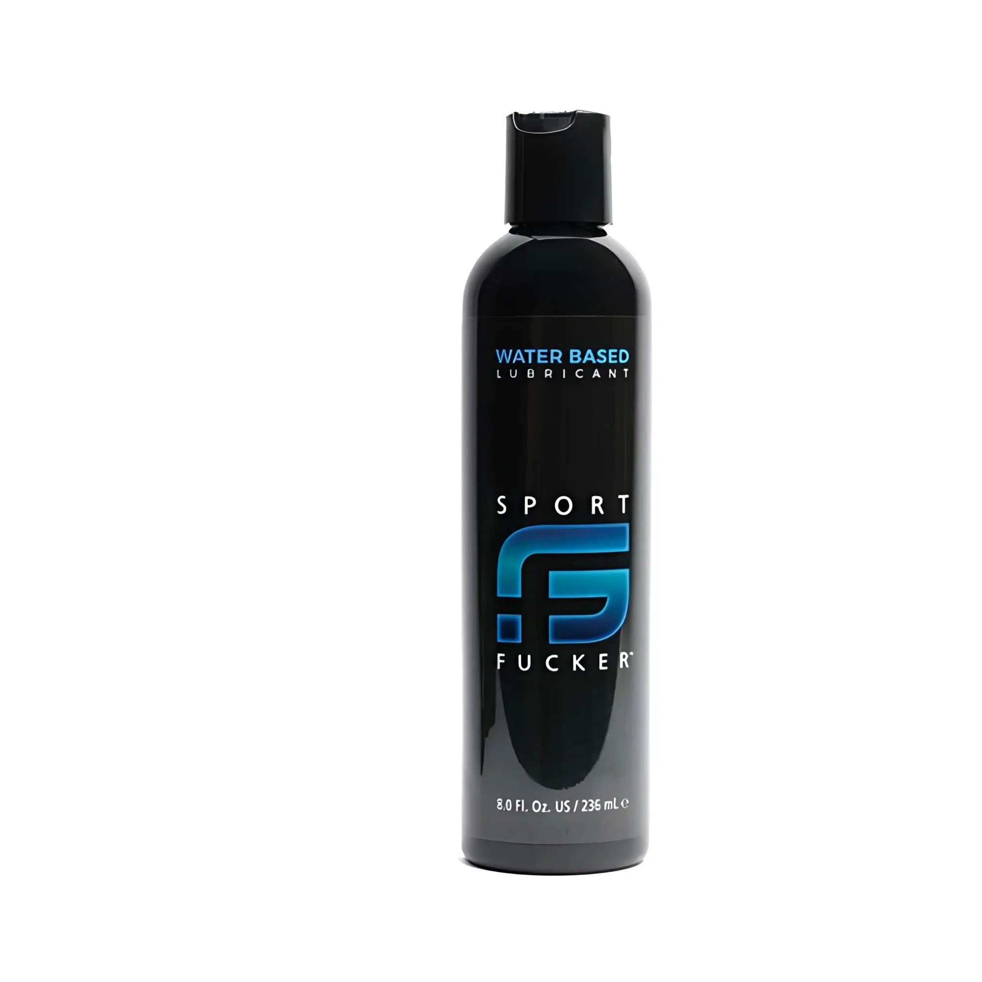 Black plastic bottle of sport fucker water based lubricant with blue logo and black cap 8 oz sports use