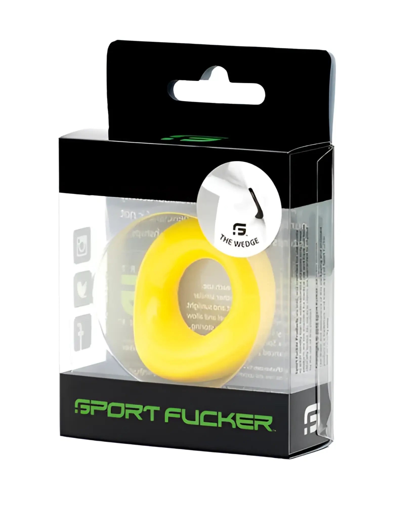 Yellow silicone sports ring called sport fucker the wedge in clear packaging for active use