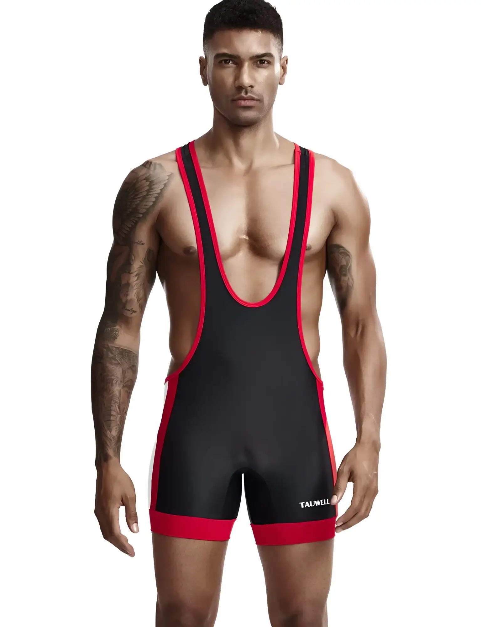 Sport wrestling singlet in black and red with bold red trim along straps sides and hem for competitive wrestling