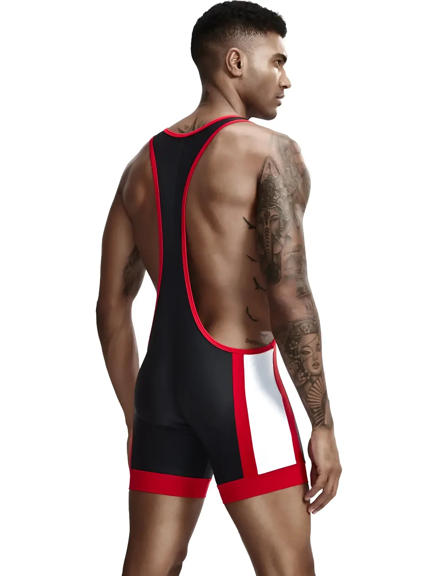 Sport wrestling singlet in black and red with white side panel designed for comfort and performance