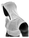 White mesh hooded crop vest with reinforced trim and zipper closure for sports and casual wear