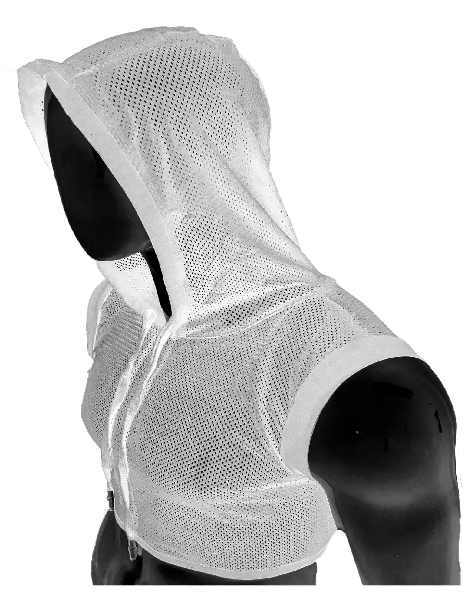 White mesh hooded crop vest with reinforced trim and zipper closure for sports and casual wear