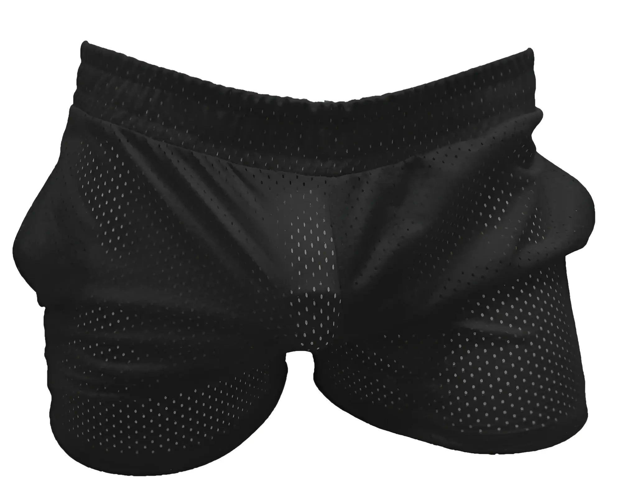 Black mesh sports shorts with a snug elastic waistband designed for athletic performance and comfort