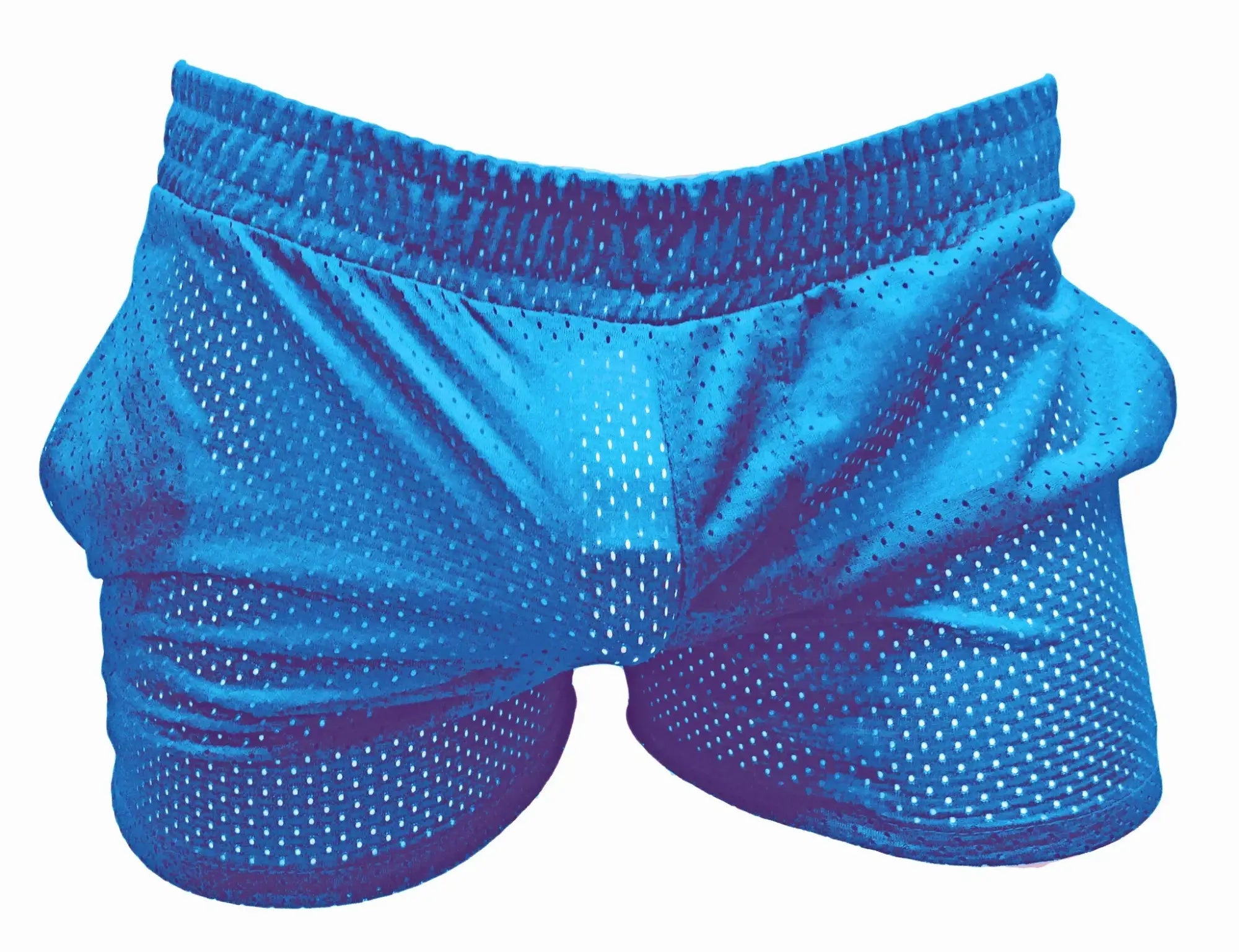 Bright blue sports mesh shorts with a snug elastic waistband made of breathable mesh fabric for athletic use