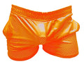 Bright orange sports mesh shorts with shiny reflective finish and elastic waistband for athletic use
