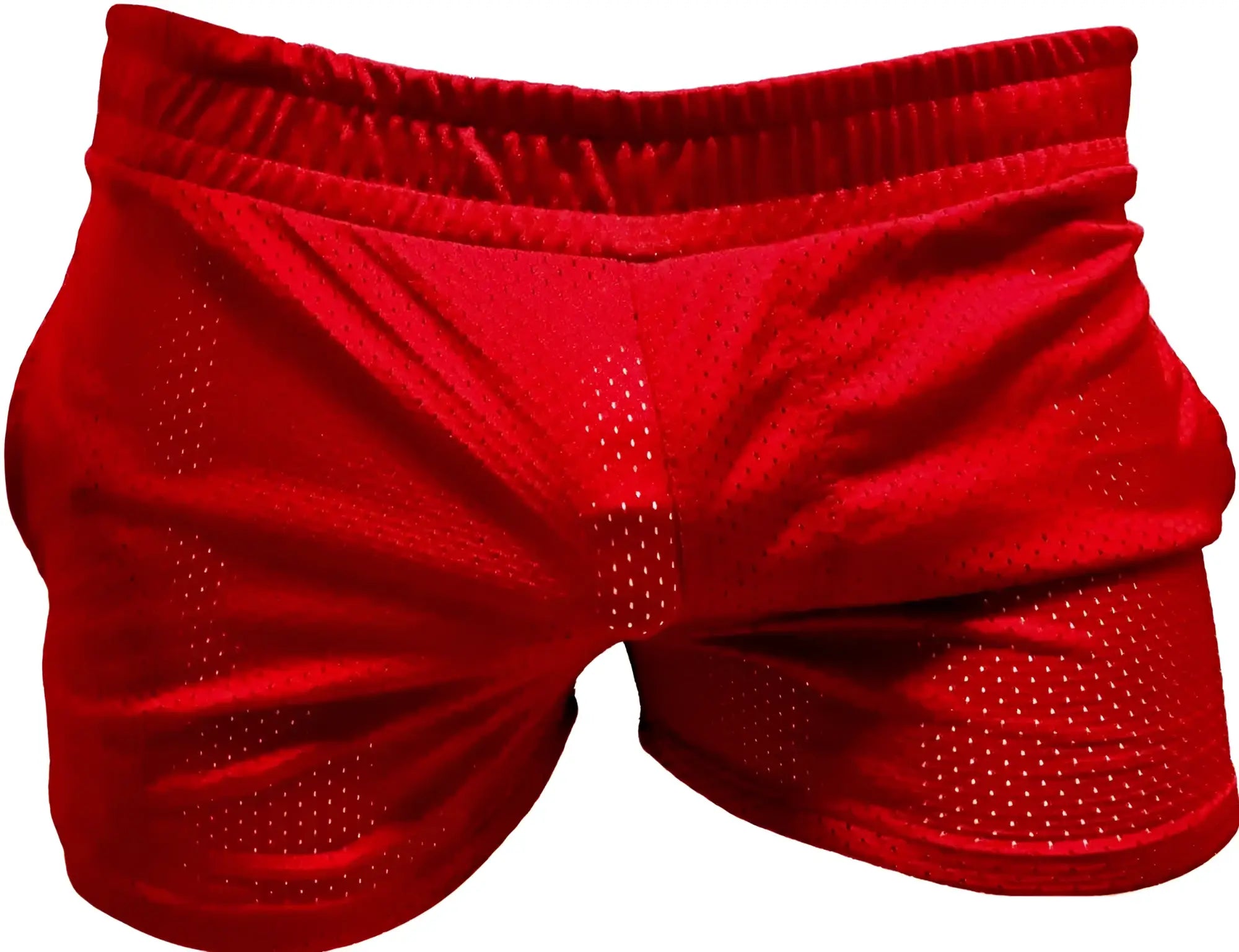 Red sports mesh shorts made of breathable mesh fabric with an elastic waistband for athletic use