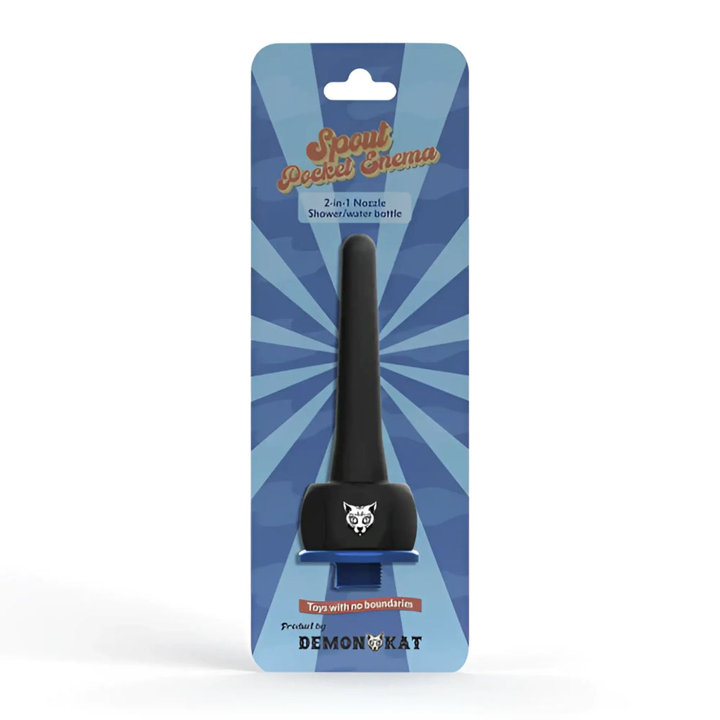 Black plastic 2-in-1 shower and water bottle with cat face emblem packaged in blue cardboard for spout pocket enema