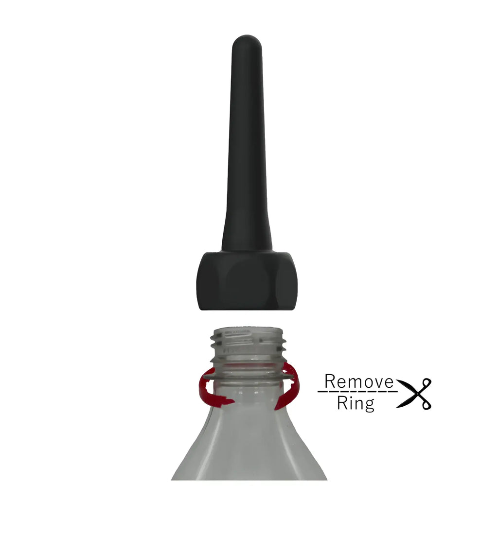 Black plastic bottle cap with tapered spout and hexagonal base for spout pocket enema use