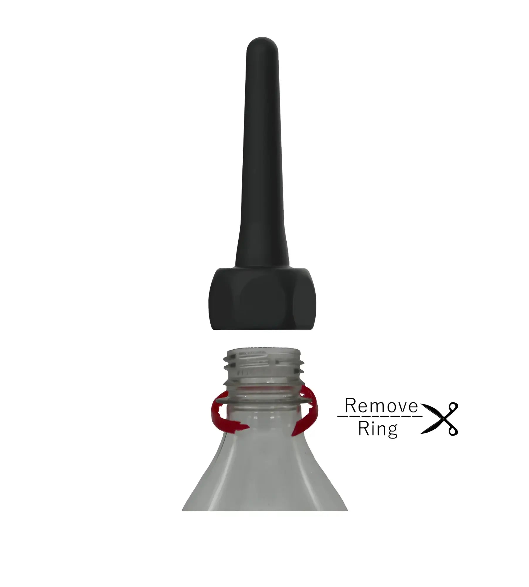 Black plastic bottle cap with tapered spout and hexagonal base for spout pocket enema use