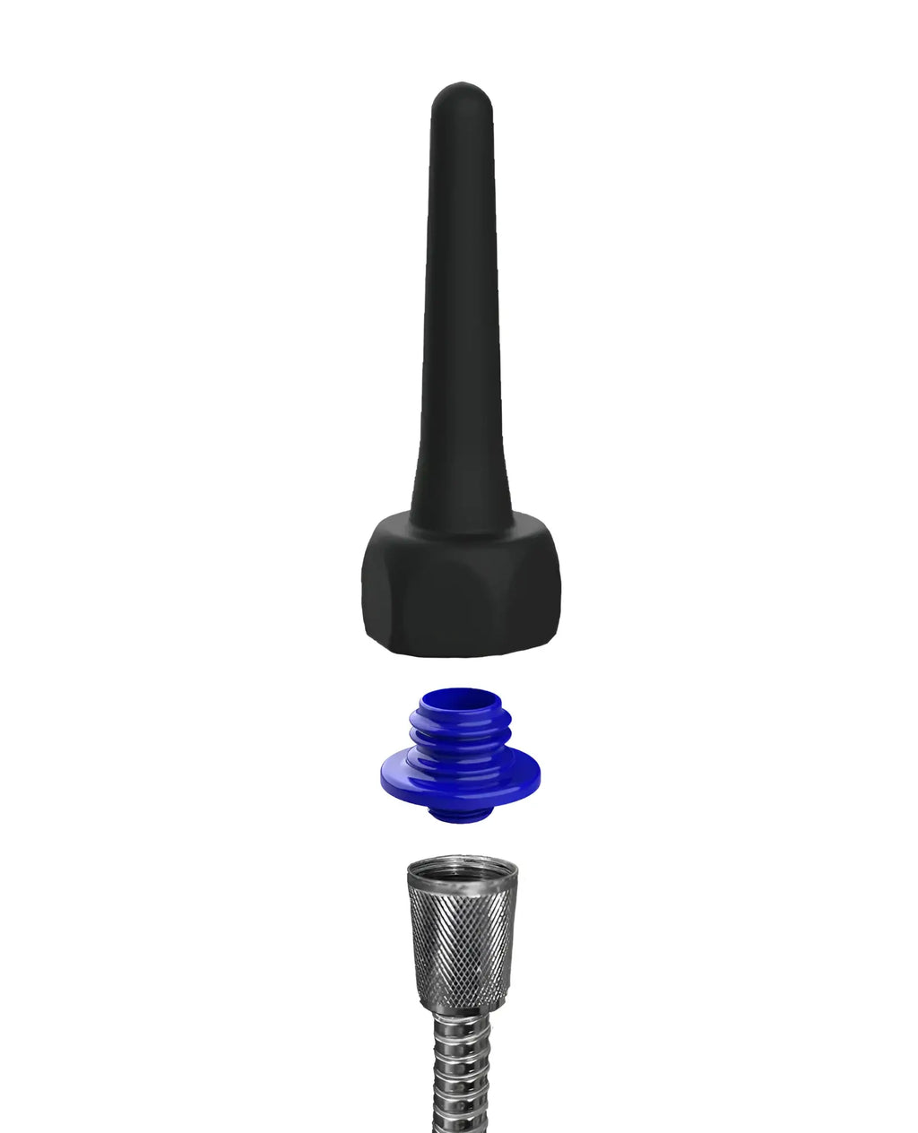 Black rubber nozzle with blue plastic cap and metal threaded connector for spout pocket enema product use