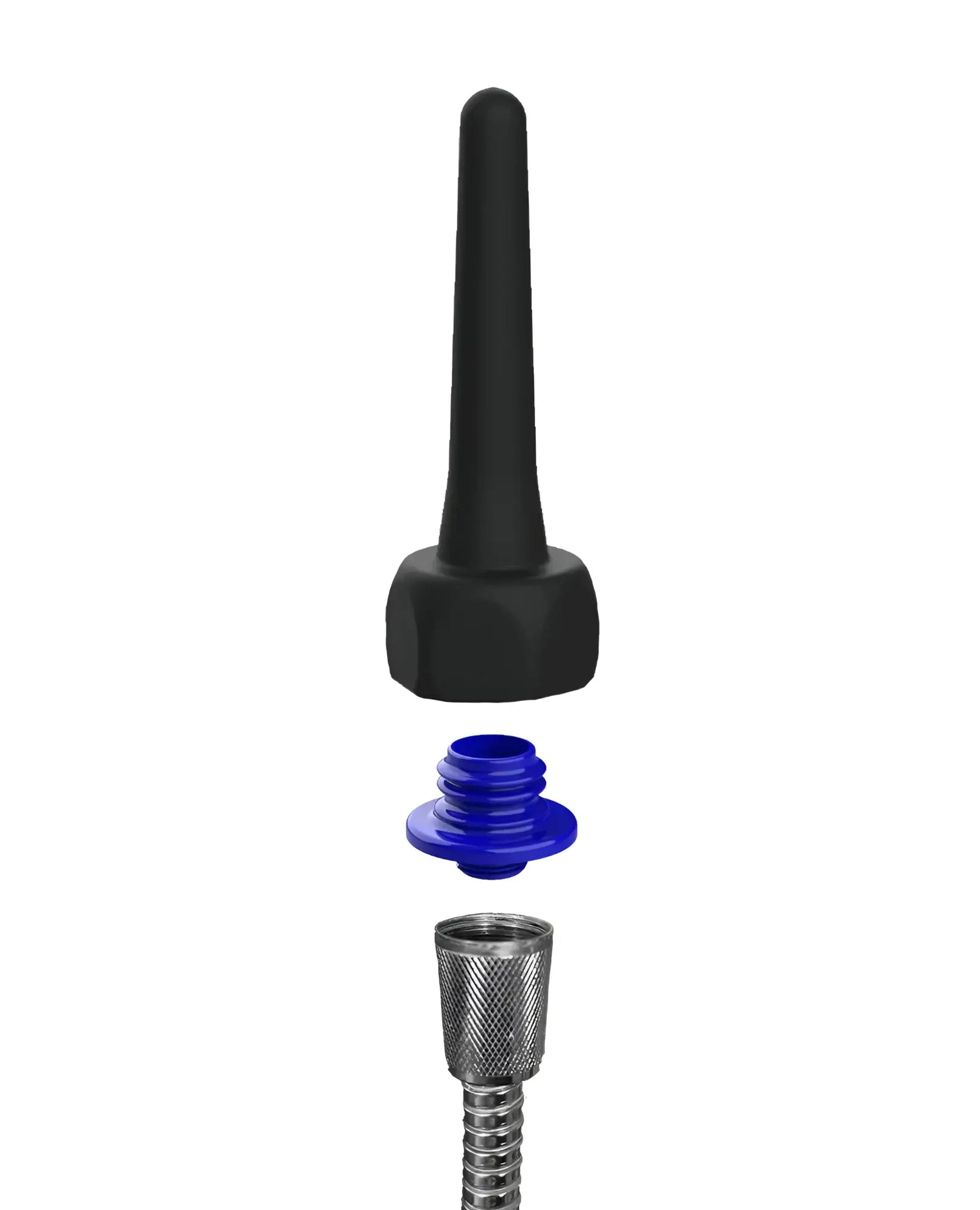 Black rubber nozzle with blue plastic cap and metal threaded connector for spout pocket enema product use