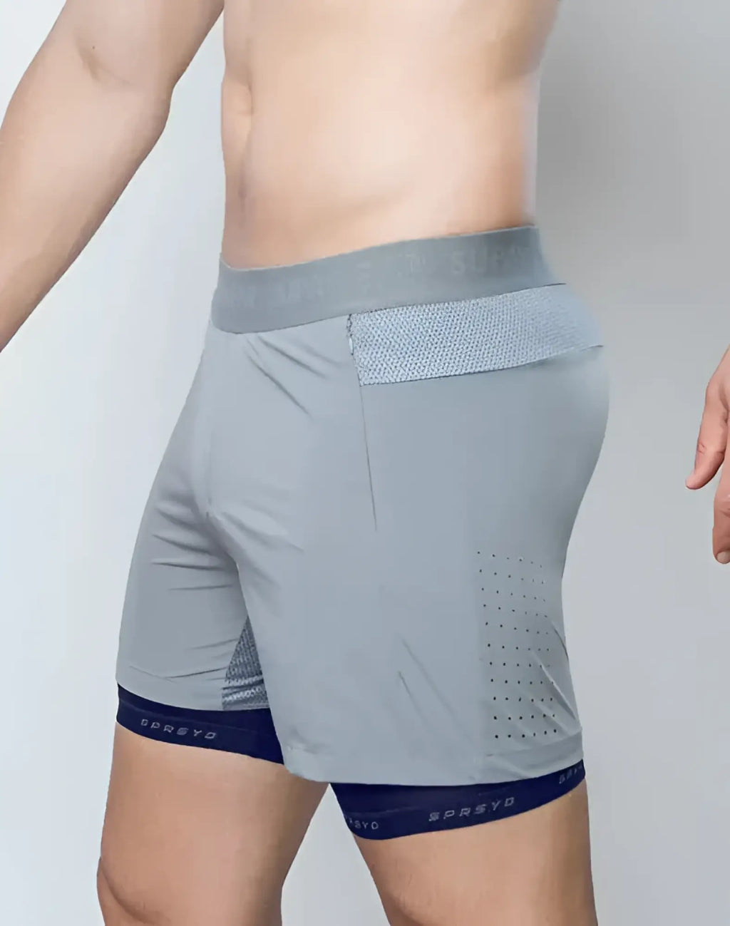 Gray spr flex short athletic shorts with mesh waistband navy blue trim and perforated breathable panels