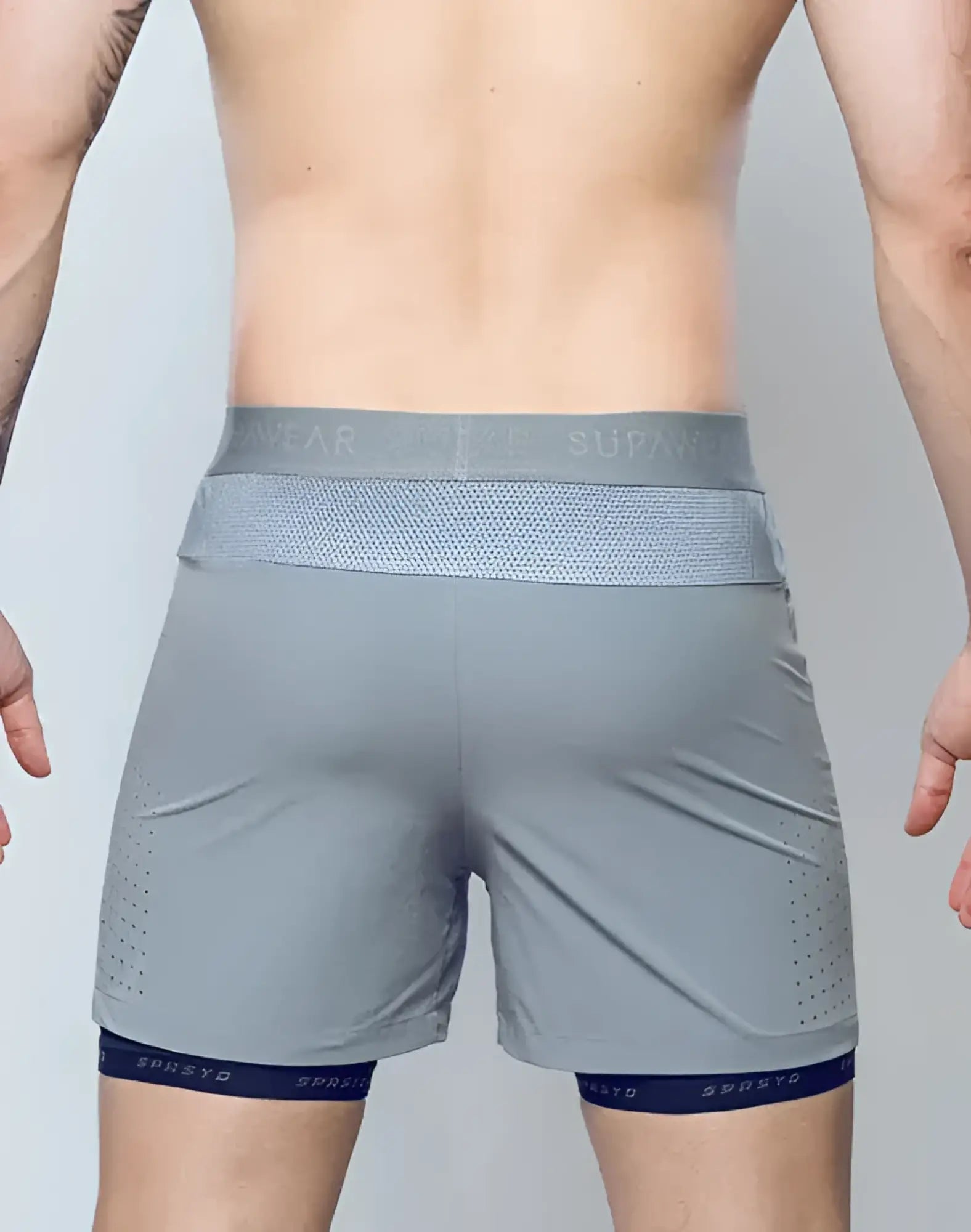 Gray spr flex short athletic shorts with mesh waistband navy blue trim and spreyd branding for active use