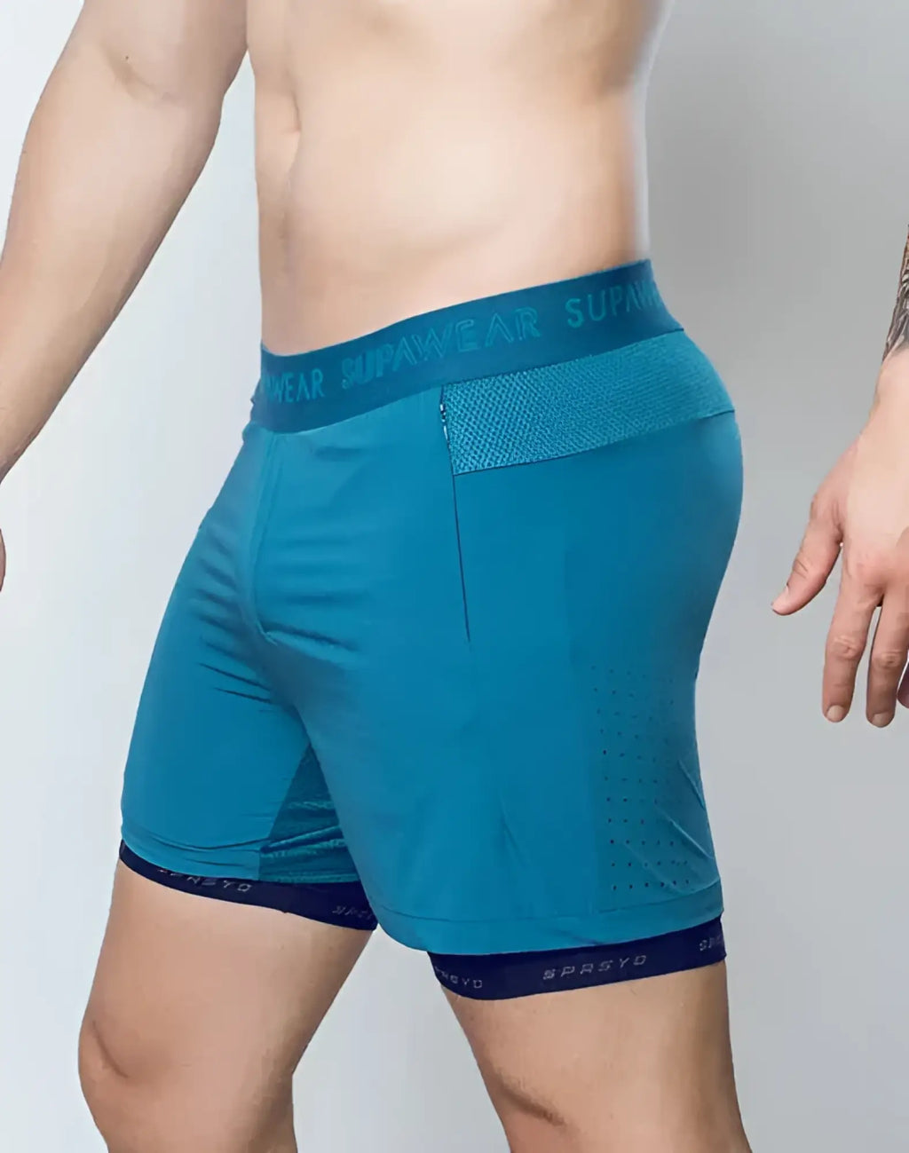 Teal spr flex short athletic shorts with mesh panel and branded waistband for breathable activewear