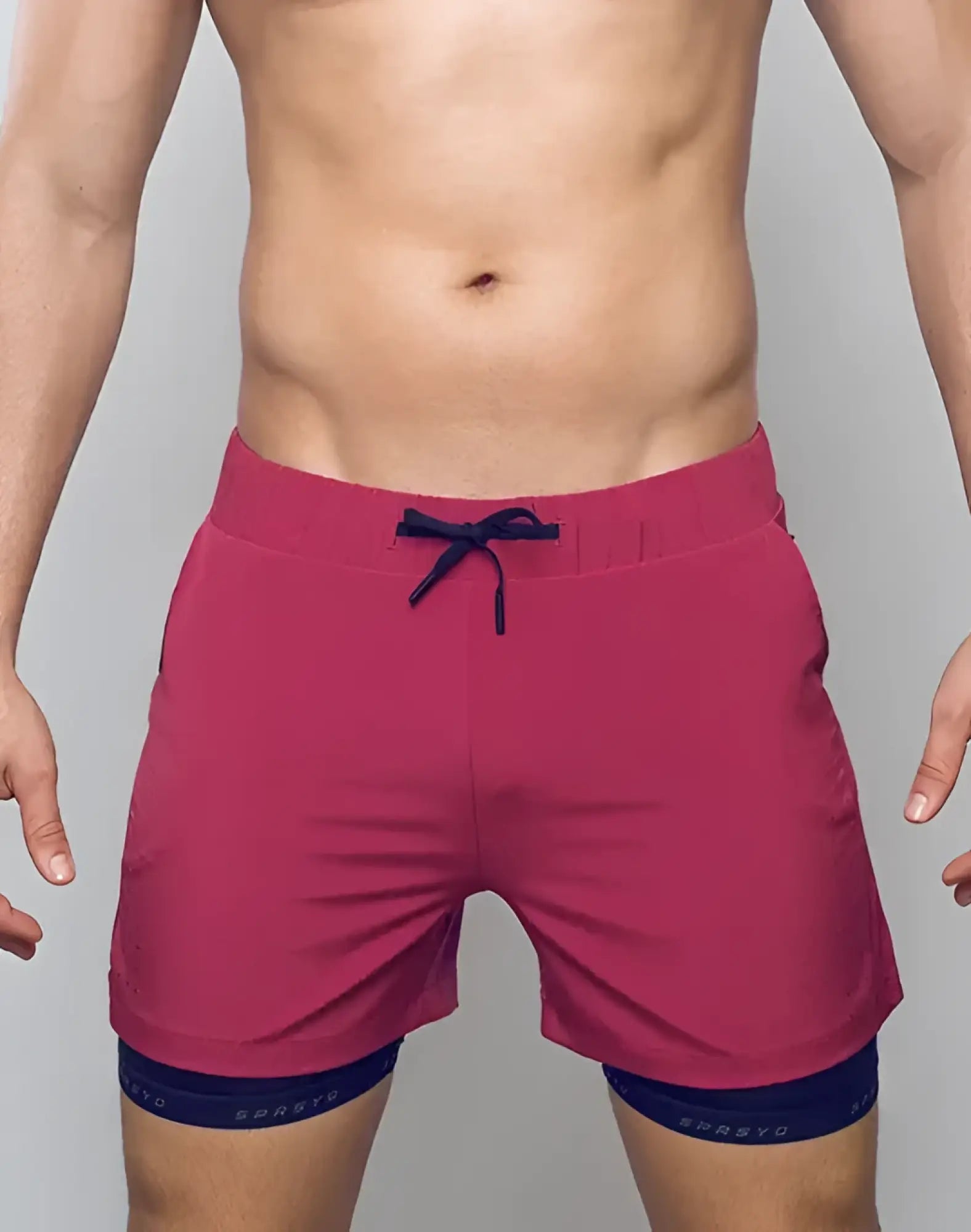 Magenta spr max short athletic shorts with navy blue drawstring and matching inner layer for running and training